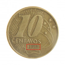 Moeda V-491 10 Centavos 1998 MBC Cunho Borrado "Data" Aço R Bronze Ø20mm 4,8gr.