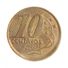 Moeda V-495 10 Centavos 2002 MBC Cunho Deslocado C/ Borda Lisa Aço R Bronze Ø20mm 4,8gr.*