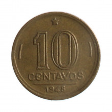 Moeda V-198 10 Centavos 1948 MBC+ Cunho Quebrado Bronze Alumínio Ø17mm 3gr.*