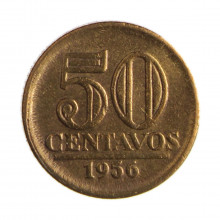 Moeda V-254 50 Centavos 1956 MBC C/Sinais de Limpeza Bronze Alumínio Ø17mm 3gr.