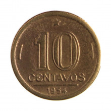 Moeda V-204 10 Centavos 1954 MBC C/Sinais de Limpeza Bronze Alumínio Ø17mm 3gr.