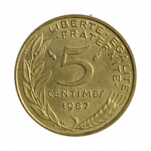 Moeda KM#933 5 Centimes 1987 MBC+ França Europa Cobre Revestido de Níquel Ø17mm 1,3gr.