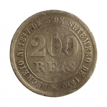Moeda V-017 200 Réis 1874 BC C/ Sinais de Verniz Cupro Níquel Ø32mm 15gr.