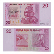 Cédula P#68 20 Dollars 2007  Zimbabwe África FE