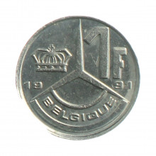 Moeda KM#170 1 Franc 1991 MBC+ Bélgica Europa  Aço niquelado Ø18mm 2,75gr.