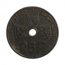 Moeda KM#132 25 Centimes 1945 MBC Bélgica Europa  Zinco Ø26mm 6,5gr.