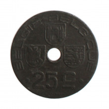 Moeda KM#132 25 Centimes 1944 MBC Bélgica Europa  Zinco Ø26mm 6,5gr.