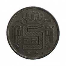 Moeda KM#130 5 Francs 1941 MBC/SOB Bélgica Europa  Zinco Ø25mm 6gr.