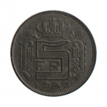 Moeda KM#129 5 Francs 1943 MBC+ Bélgica Europa  Zinco Ø25mm 6gr.