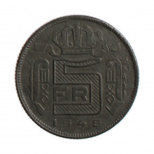 Moeda KM#129 5 Francs 1945 MBC+ Bélgica Europa  Zinco Ø25mm 6gr.