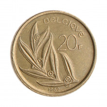Moeda KM#159 20 Francs 1982 MBC Bélgica Europa  Latão níquel Ø25,65mm 8,5gr.
