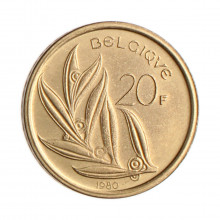 Moeda KM#159 20 Francs 1980 SOB/FC Bélgica Europa  Latão níquel Ø25,65mm 8,5gr.