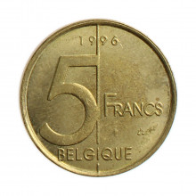 Moeda KM#189 5 Francs 1996 MBC/SOB Bélgica Europa  Bronze-Alumínio Ø24mm 5,5gr.