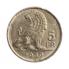 Moeda KM#117.2 5 Francs 1939 BC/MBC Bélgica Europa  Níquel Ø25mm 9gr.