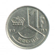 Moeda KM#171 1 Franc 1991 MBC Bélgica Europa  Aço niquelado Ø18mm 2,75gr.