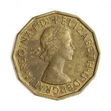 Moeda KM#900 3 Pence 1965 MBC Reino Unido Europa latão níquel Ø21,74mm 6,8gr.
