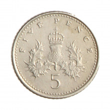 Moeda KM#988 5 Pence 1998 MBC Reino Unido Europa Cobre-níquel Ø18mm 3,25gr.