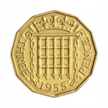 Moeda KM#900 3 Pence 1955 MBC+ Reino Unido Europa latão níquel Ø21,74mm 6,8gr.