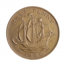 Moeda KM#896 ½ Penny 1966 MBC+ Reino Unido Europa Bronze Ø25,4mm 5,67gr.