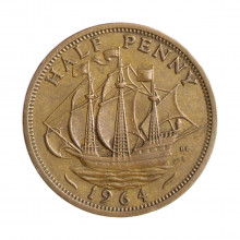 Moeda KM#896 ½ Penny 1964 MBC+ Reino Unido Europa Bronze Ø25,4mm 5,67gr.