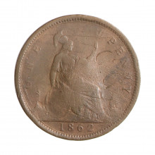 Moeda KM#749,2 1 Penny 1862 UTG Reino Unido Europa C/2 Carimbo CG Bronze Ø30,8mm 9,45gr.