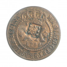 Moeda C-317 XX Réis 1799 MBC/SOB Coroa Baixa C/ Carimbo de Escudete Cobre Ø35mm 14,34gr.*