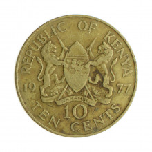 Moeda KM#11 10 Cents 1977 MBC Quênia África Latão R Níquel Ø30,8mm 9,45gr.