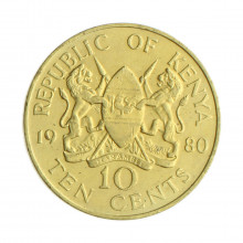 Moeda KM#18 10 Cents 1980 MBC Quênia África Latão R Níquel Ø30,8mm 9,4gr.