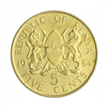 Moeda KM#17 5 Cents 1984 MBC Quênia África Latão R Níquel Ø25,5mm 5,6gr.