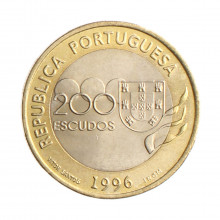 Moeda KM#687 200 Escudos 1996 SOB Portugal Europa 1996 Jogos Olímpicos, Atlanta Bimetálico Ø28mm 9,8gr.