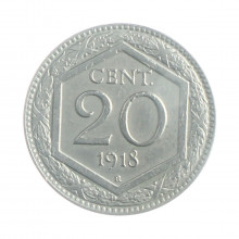 Moeda KM#58 20 Centesimi 1918 R MBC Itália Europa R (Roma) Recunhada Sobre o Valor Cupro-Níquel Ø21,3mm 3,9gr.