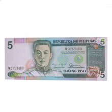 Cédula P#168b 5 Pesos 1986-1990 Filipinas Ásia FE