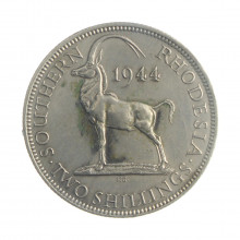 Moeda KM#19a 2 Shilling 1944 MBC Rodésia do Sul África Prata 0.500 Ø28,52mm 11,31gr.