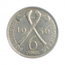 Moeda KM#2 6 Pence 1936 MBC Rodésia do Sul África Prata 0.925 Ø19,41mm 2,83gr.