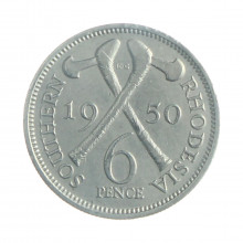 Moeda KM#21 6 Pence 1950 MBC Rodésia do Sul África Cupro-Níquel Ø19,3mm 2,83gr.