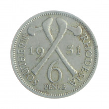 Moeda KM#21 6 Pence 1951 MBC Rodésia do Sul África Cupro-Níquel Ø19,3mm 2,83gr.