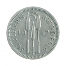 Moeda KM#16b 3 Pence 1947 MBC Rodésia do Sul África Cupro-Níquel Ø16mm 1,41gr.