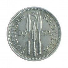 Moeda KM#20 3 Pence 1952 MBC Rodésia do Sul África Cupro-Níquel Ø16mm 1,41gr.
