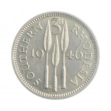 Moeda KM#16a 3 Pence 1946 MBC Rodésia do Sul África Prata 0.500 Ø16,25mm 1,41gr.