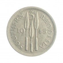 Moeda KM#16a 3 Pence 1945 MBC Rodésia do Sul África Prata 0.500 Ø16,25mm 1,41gr.