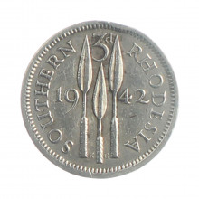 Moeda KM#16 3 Pence 1942 MBC Rodésia do Sul África Prata 0.925 Ø16mm 1,41gr.