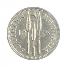 Moeda KM#1 3 Pence 1935 MBC Rodésia do Sul África Prata 0.925 Ø16mm 1,41gr.