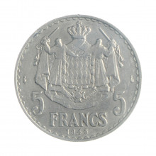 Moeda KM#122 5 Francs 1945 SOB/FC Mônaco Europa Alumínio Ø31mm 3,5gr.