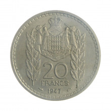 Moeda KM#124 20 Francs 1947 MBC Mônaco Europa Cupro-Níquel Ø30mm 10gr.