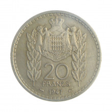 Moeda KM#124 20 Francs 1947 SOB Mônaco Europa Cupro-Níquel Ø30mm 10gr.