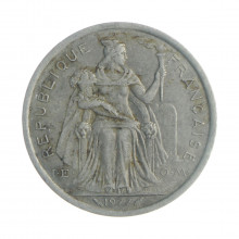 Moeda KM#10 2 Francs 1977 MBC Polinésia Francesa Oceania Alumínio Ø27mm 2,2gr.
