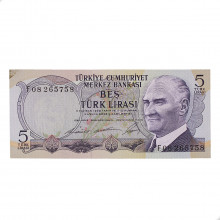 Cédula P#179 5 Liras 1968 Turquia Ásia SOB/FE
