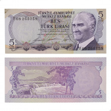 Cédula P#179 5 Liras 1968 Turquia Ásia SOB/FE