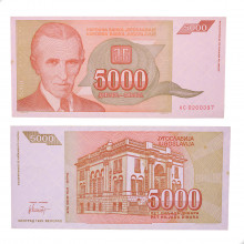 Cédula P#128 5000 Dinars 1993 Iugoslávia Europa SOB