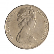 Moeda KM#36.1 20 Cents 1980 SOB/FC Nova Zelândia Oceania Rainha Elizabeth Cupro-níquel Ø28,58mm 11,31gr.